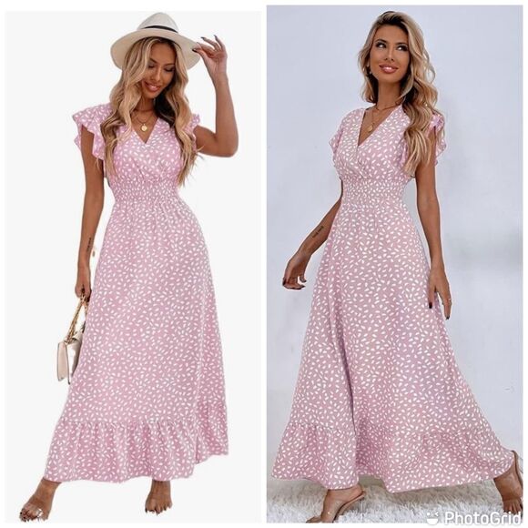 New Allover Print Ruffle Trim Shirred Waist Boho Dress - Picture 2 of 10